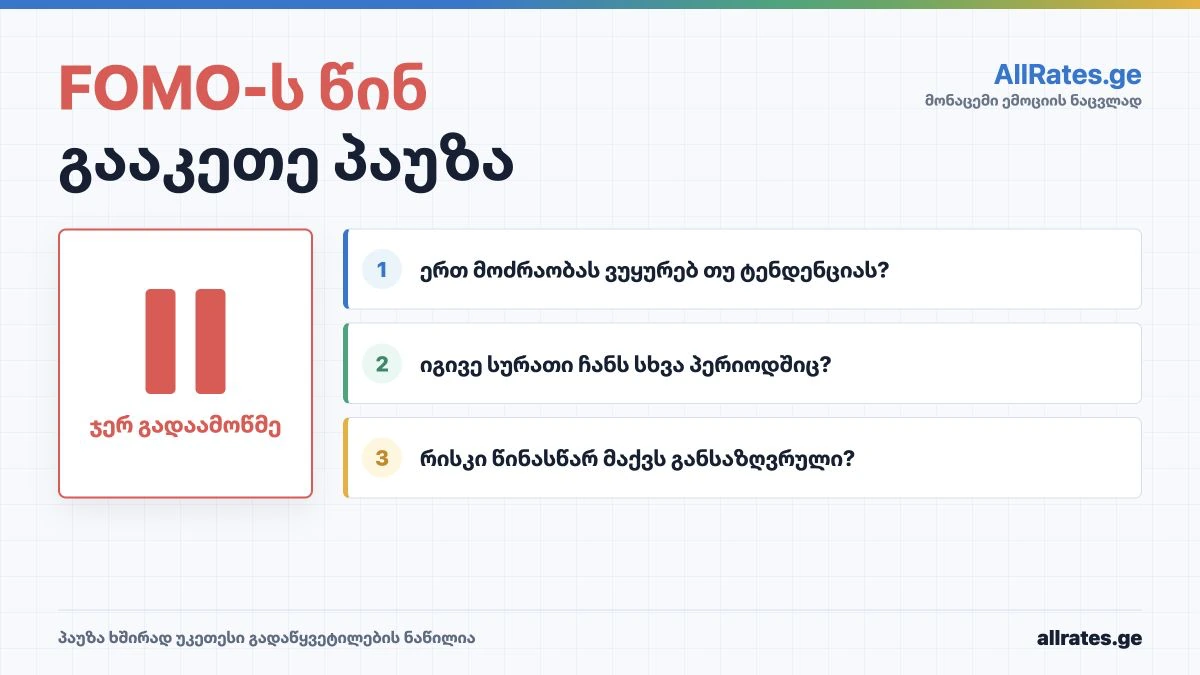 FOMO-ს მართვა და გადაწყვეტილებამდე პაუზა